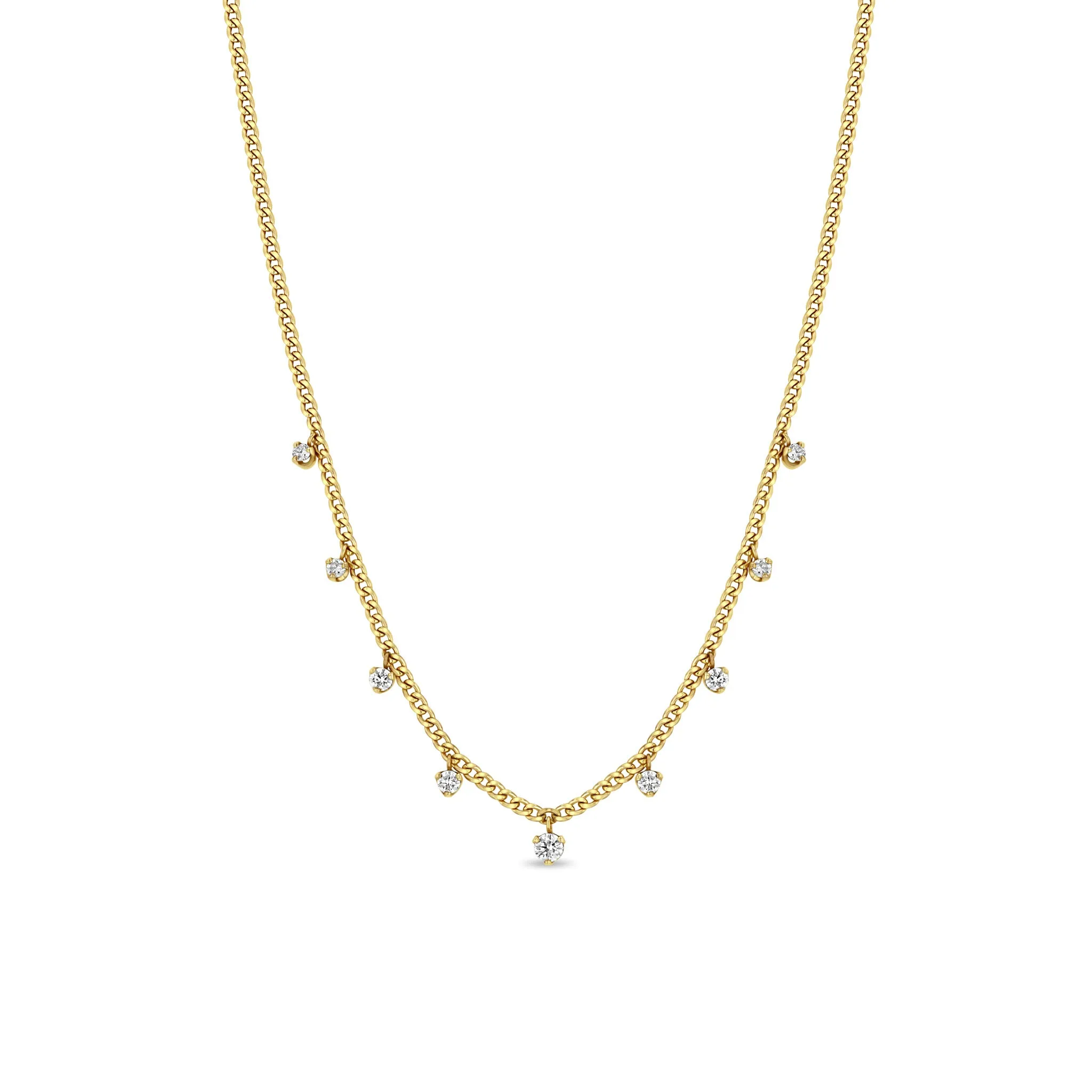 14k 9 Dangling Prong Diamond Extra Small Curb Chain Necklace