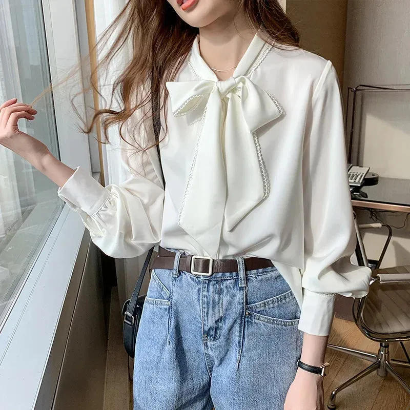 2024 Spring Long Sleeve Bow Loose Tops Autumn Office Lady Elegant Top