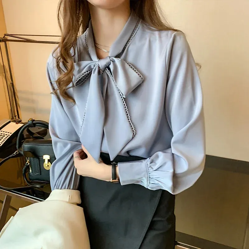 2024 Spring Long Sleeve Bow Loose Tops Autumn Office Lady Elegant Top