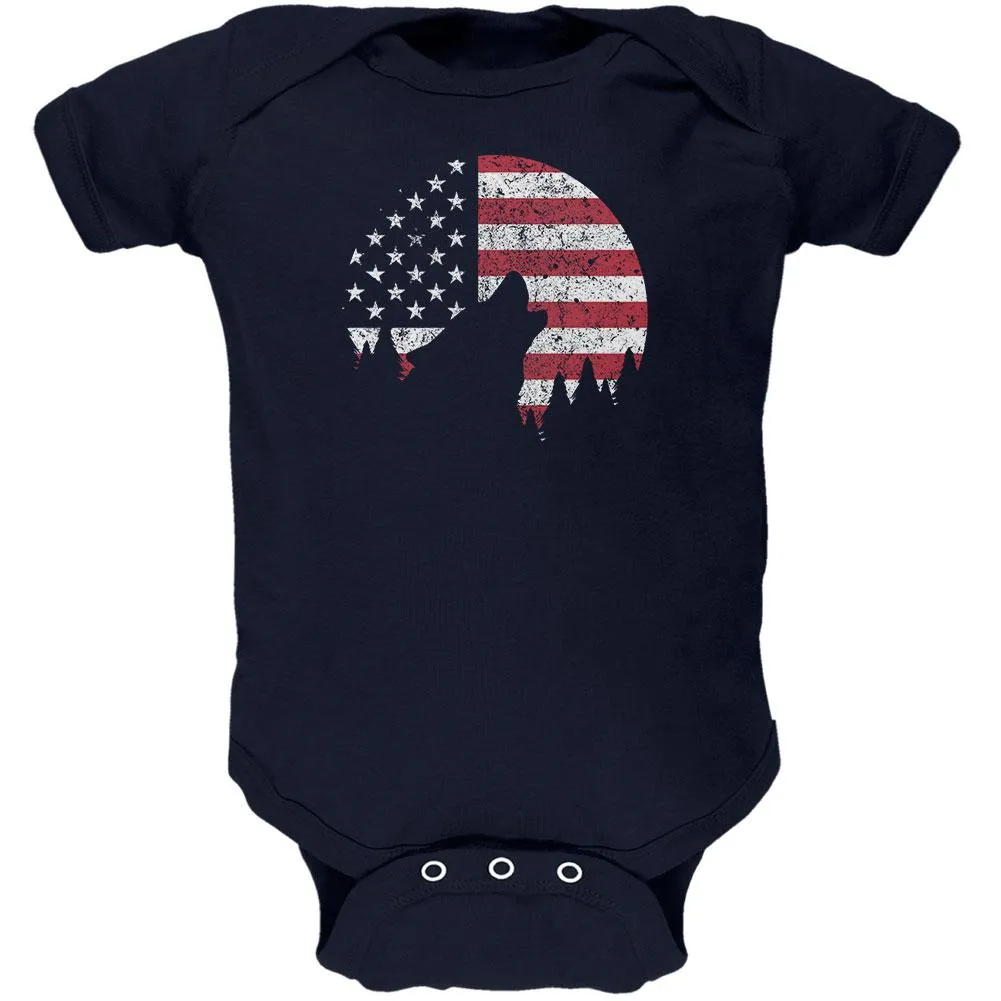 4th Of July Wolf Silhouette Flag Moon Soft Baby One Piece