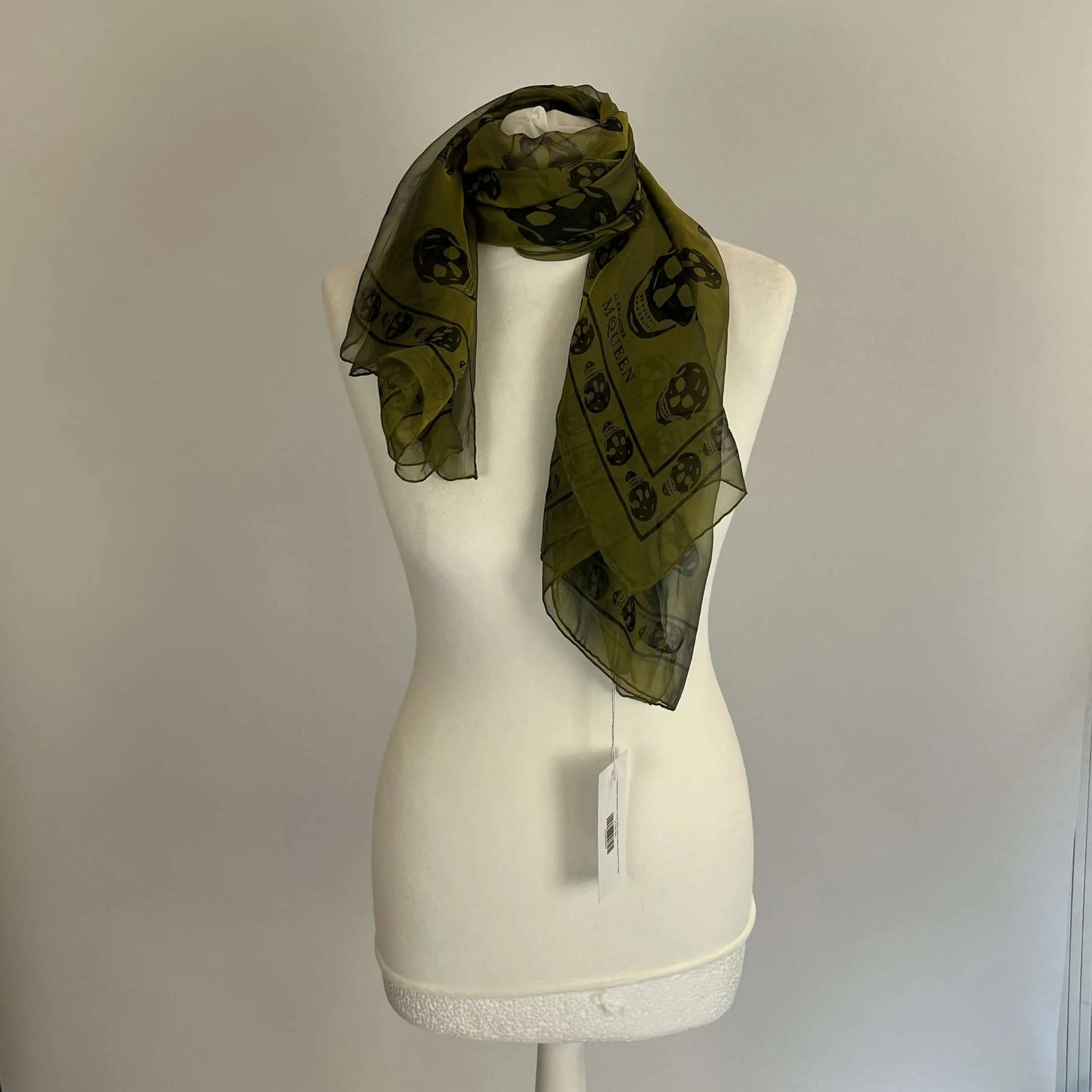 Alexander McQueen Acid Olive Silk Chiffon Skull Print Scarf