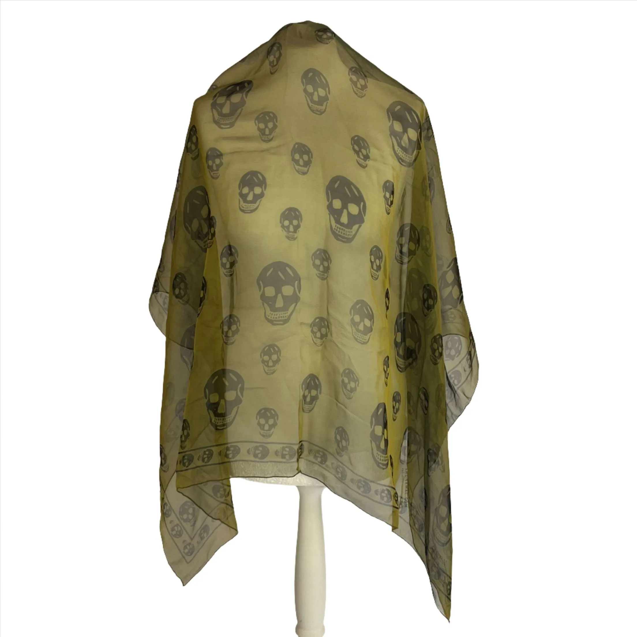 Alexander McQueen Acid Olive Silk Chiffon Skull Print Scarf