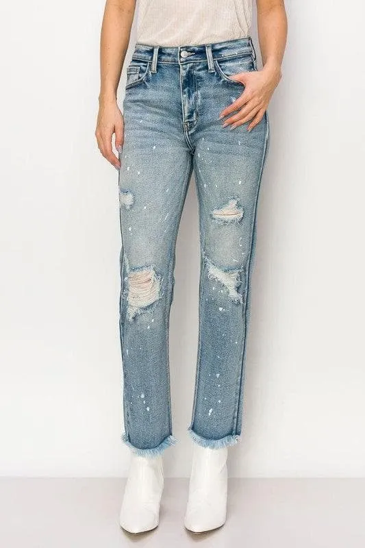 ARTEMIS VINTAGE High Rise Distressed Straight with Fray Hem Jeans