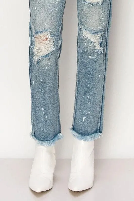 ARTEMIS VINTAGE High Rise Distressed Straight with Fray Hem Jeans