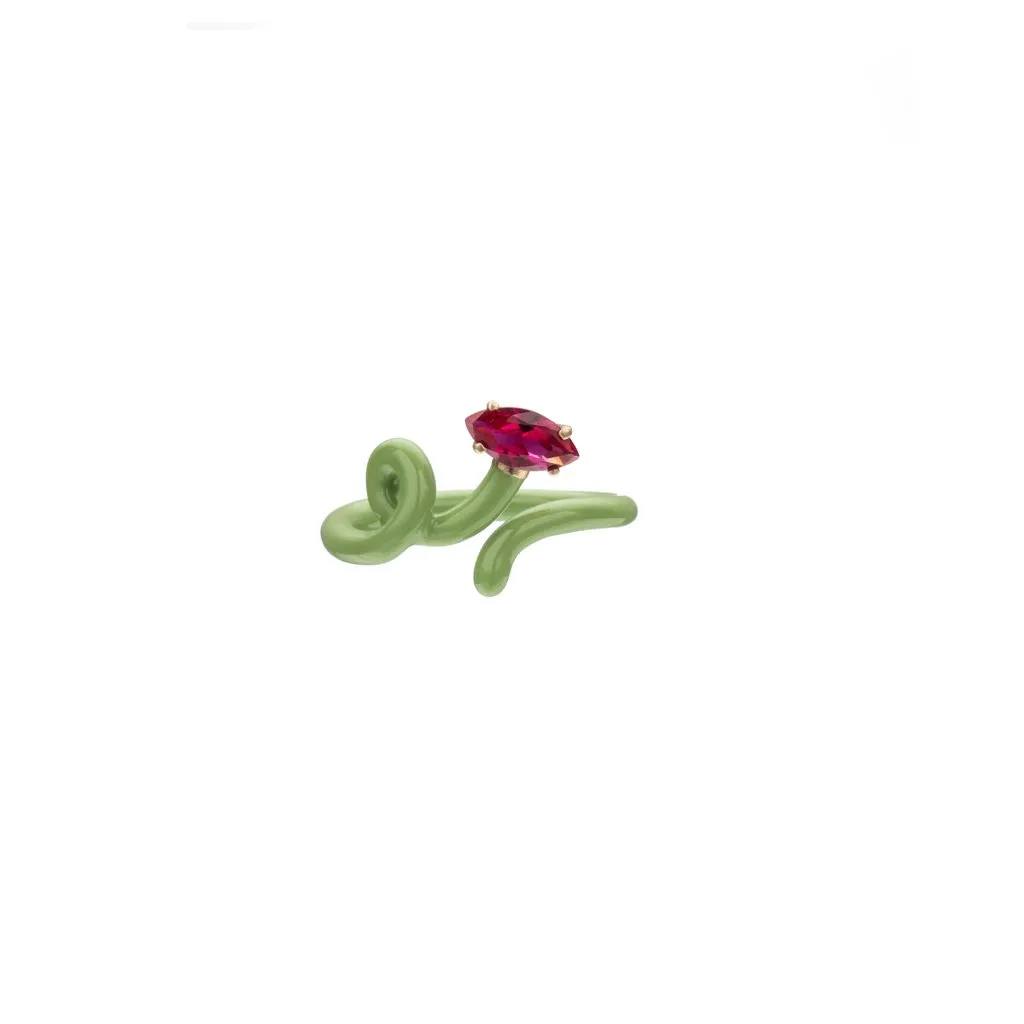 Bea Bongiasca - Baby Vine Tendril Ring with Corundum and Green Enamel, Yellow Gold and Silver