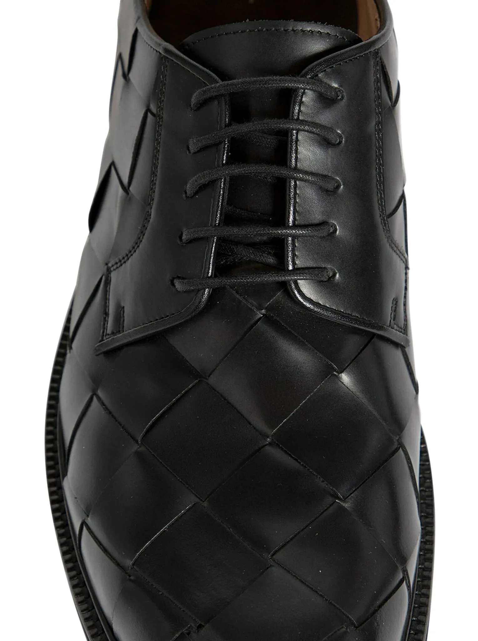 Bottega veneta men`s black woven leather lace-up shoes in classic calfskin