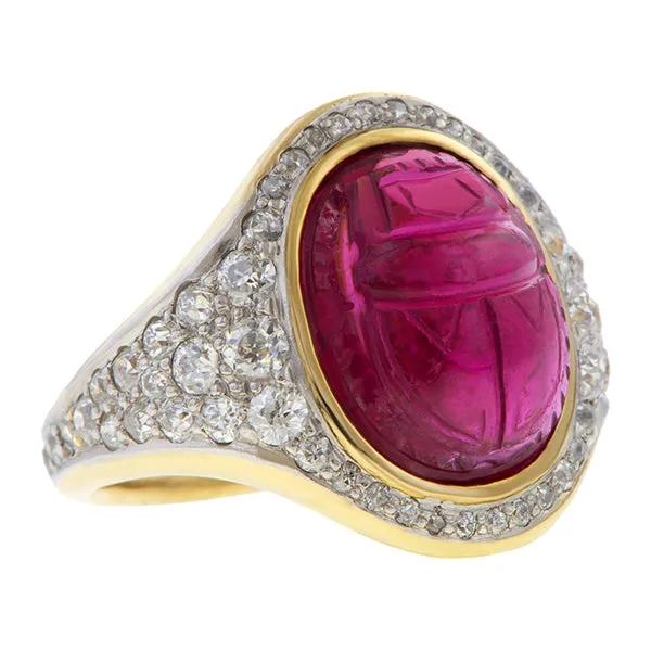 Carved Tourmaline Scarab & Diamond Ring