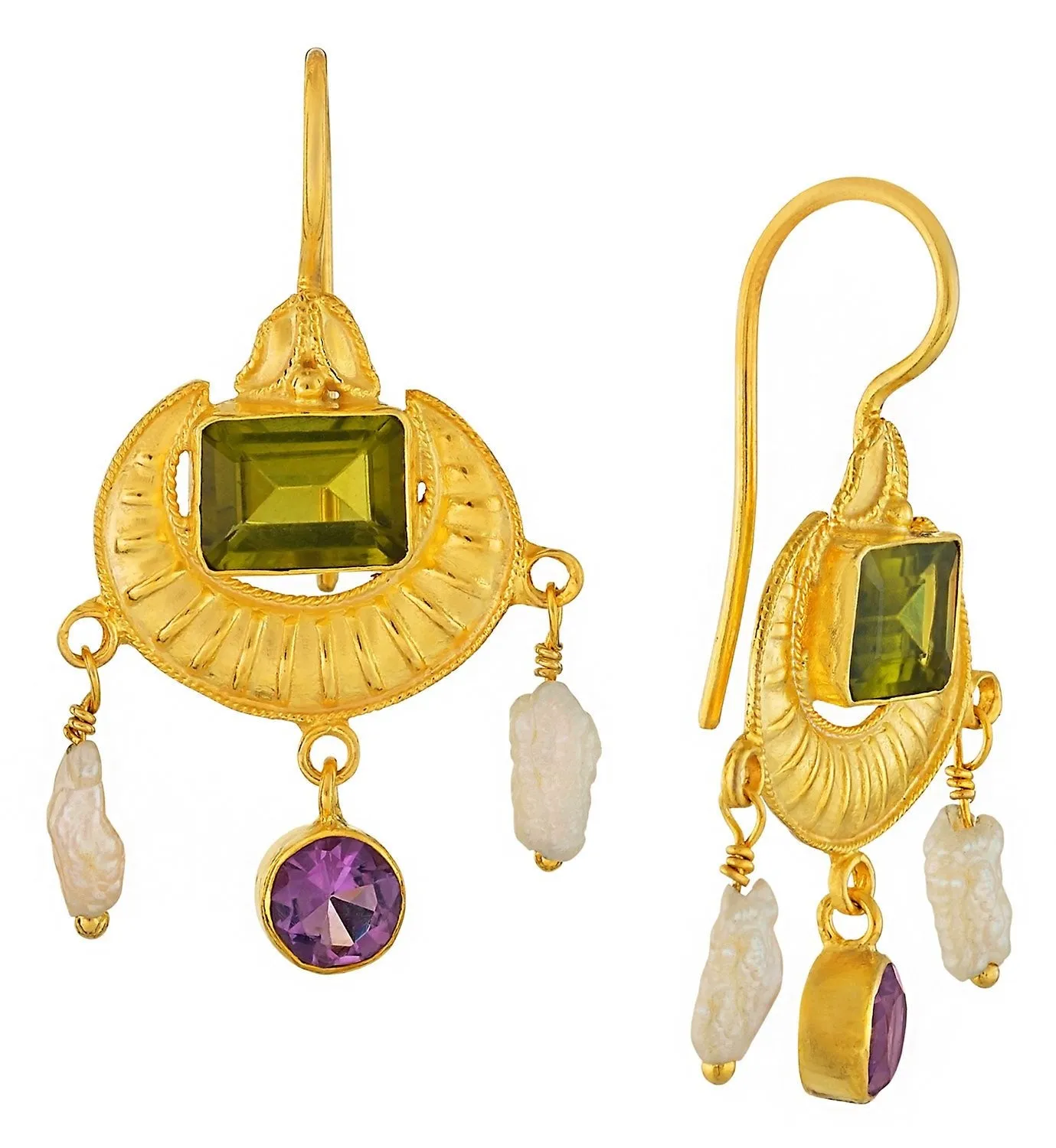 Crescent Peridot, Amethyst and Pearl Earrings