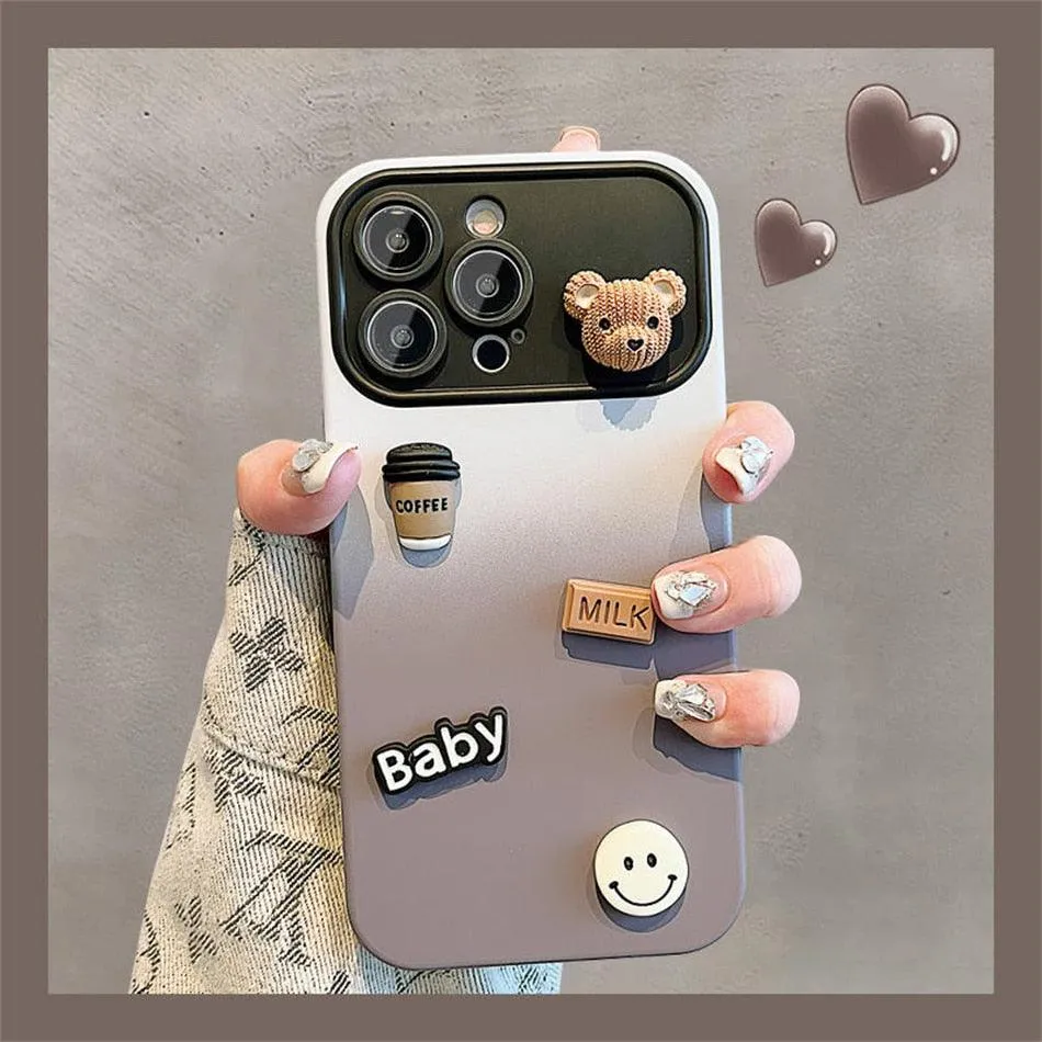 Cute Gradient 3D Coffee Bear Phone Case - For iPhone 14, 13, 12, 11 Pro Max, X, XR, XS Max Cover