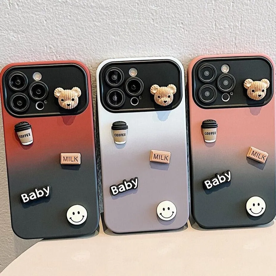 Cute Gradient 3D Coffee Bear Phone Case - For iPhone 14, 13, 12, 11 Pro Max, X, XR, XS Max Cover