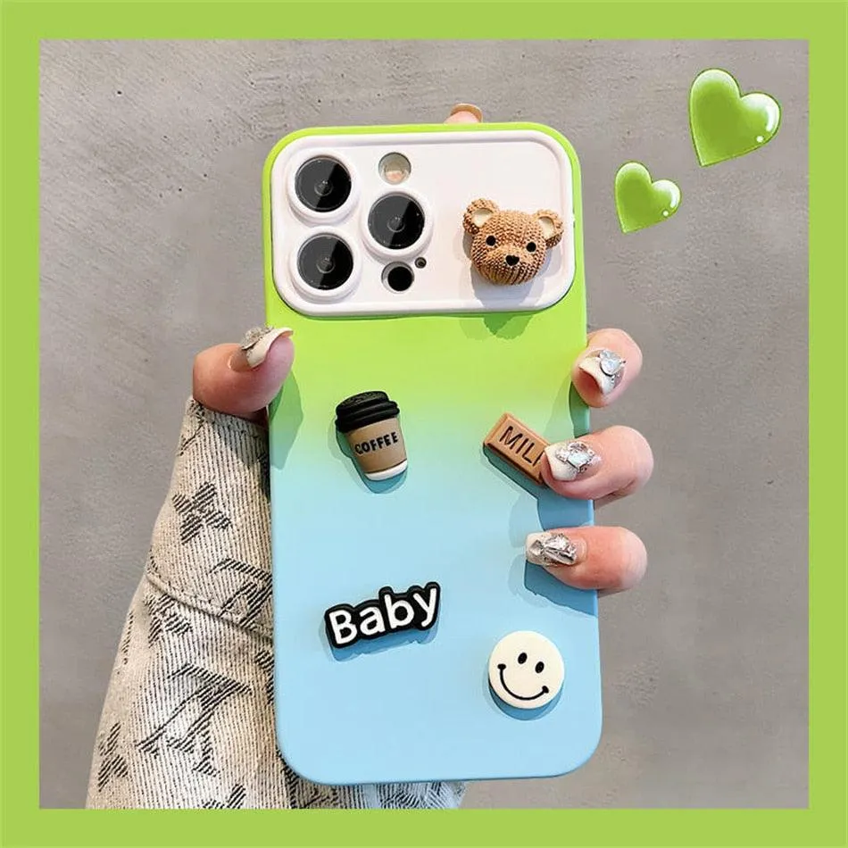 Cute Gradient 3D Coffee Bear Phone Case - For iPhone 14, 13, 12, 11 Pro Max, X, XR, XS Max Cover