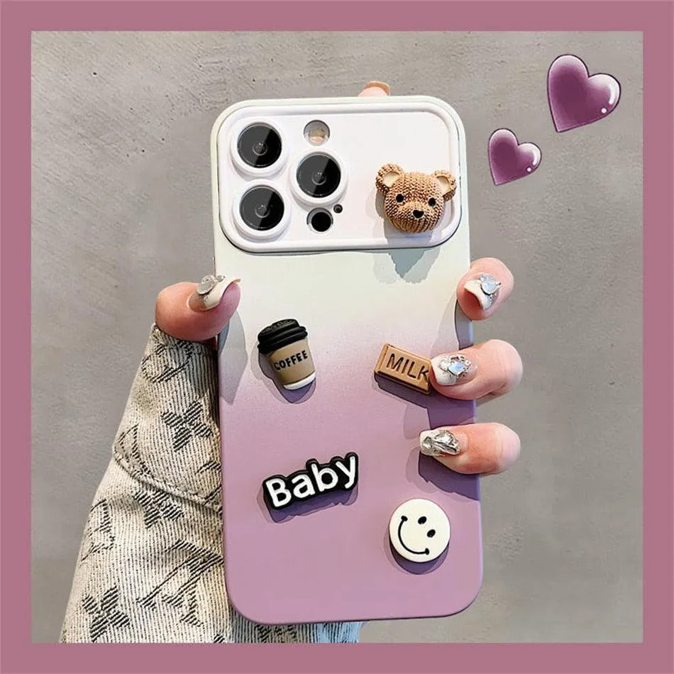 Cute Gradient 3D Coffee Bear Phone Case - For iPhone 14, 13, 12, 11 Pro Max, X, XR, XS Max Cover