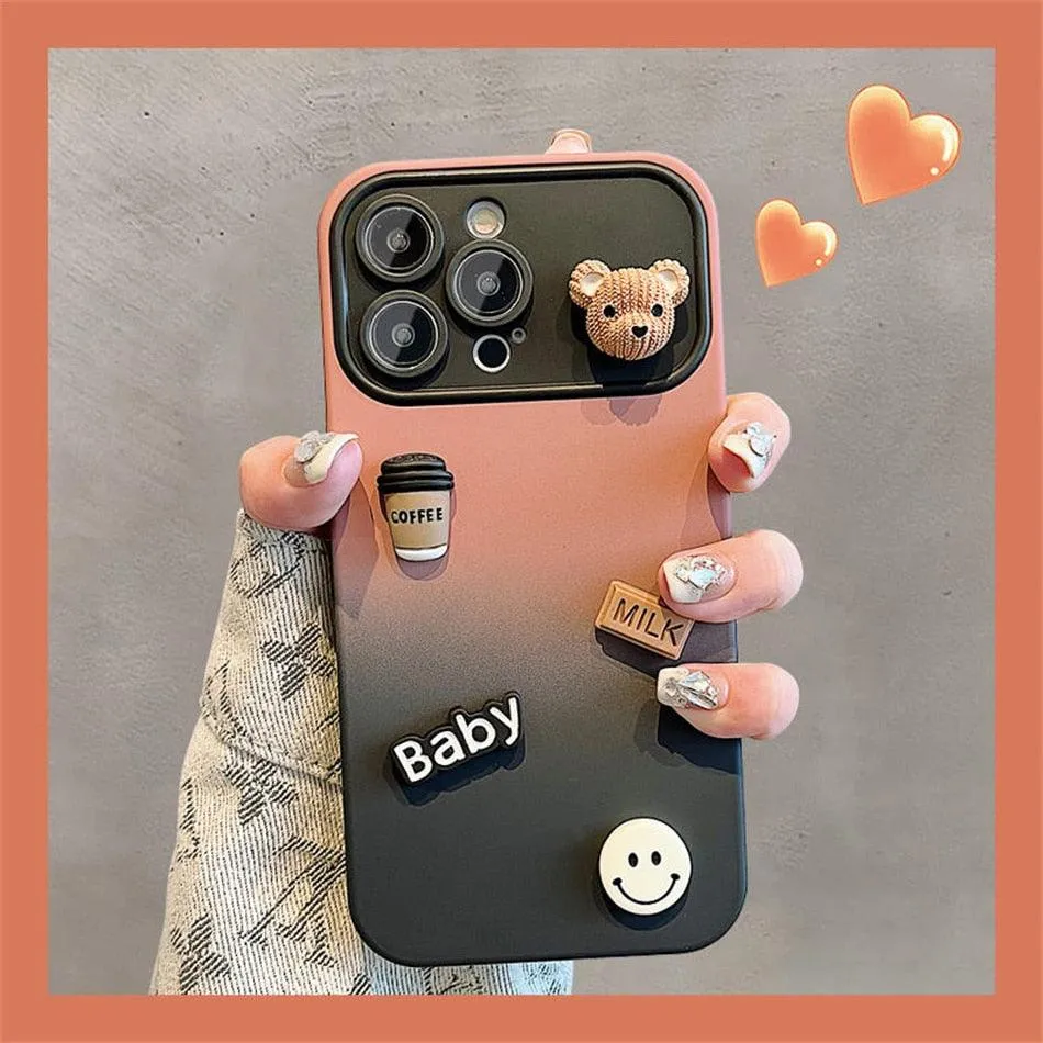 Cute Gradient 3D Coffee Bear Phone Case - For iPhone 14, 13, 12, 11 Pro Max, X, XR, XS Max Cover