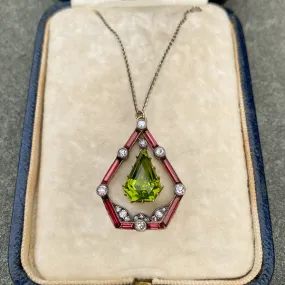 Edwardian Peridot, Garnet & Diamond Pendant Necklace