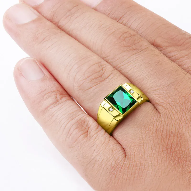 Emerald Statement Men's Ring in 14k Yellow Gold with Genuine Diamonds