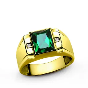 Emerald Statement Men's Ring in 14k Yellow Gold with Genuine Diamonds