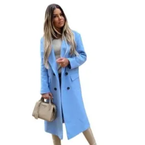 GLORIA Design Women's Fine Fashion Elegant Design Sky Blue Long Wool Coat Jacket