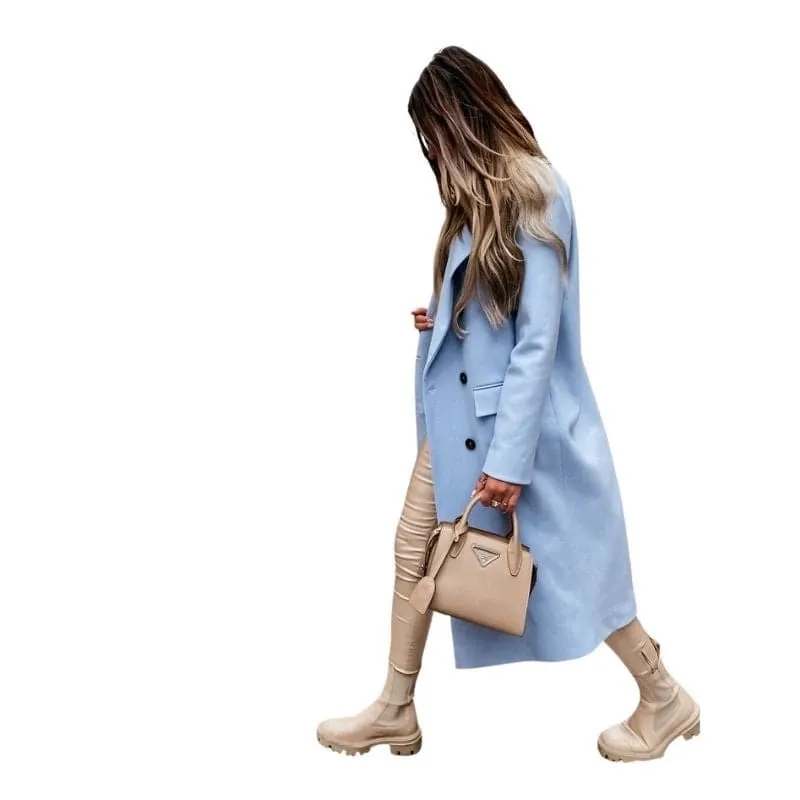 GLORIA Design Women's Fine Fashion Elegant Design Sky Blue Long Wool Coat Jacket