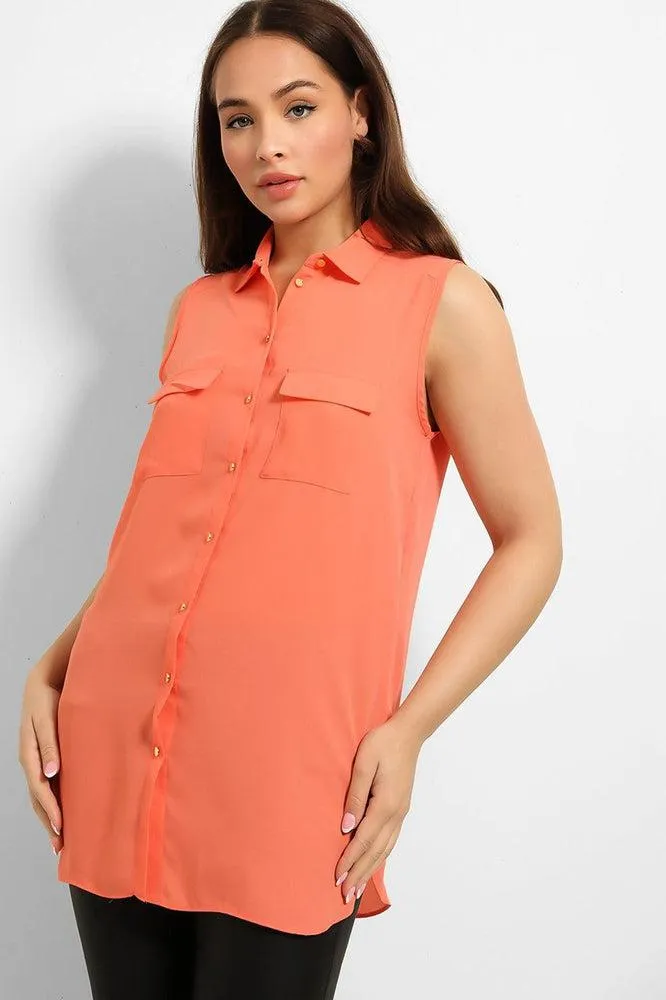 Gold Buttons Pockets Sleeveless Chiffon Shirt