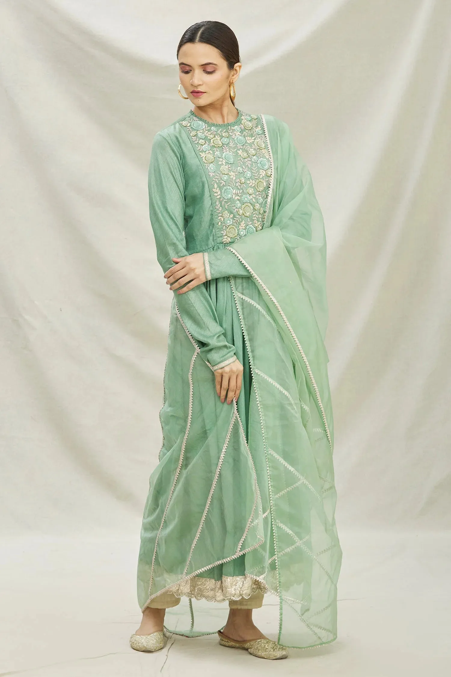 Green Organza Anarkali Set