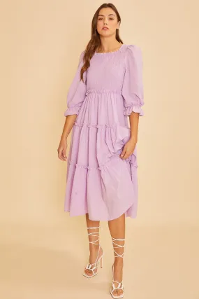 Lilac Textured Smocking Bodice Tired Midi Dress