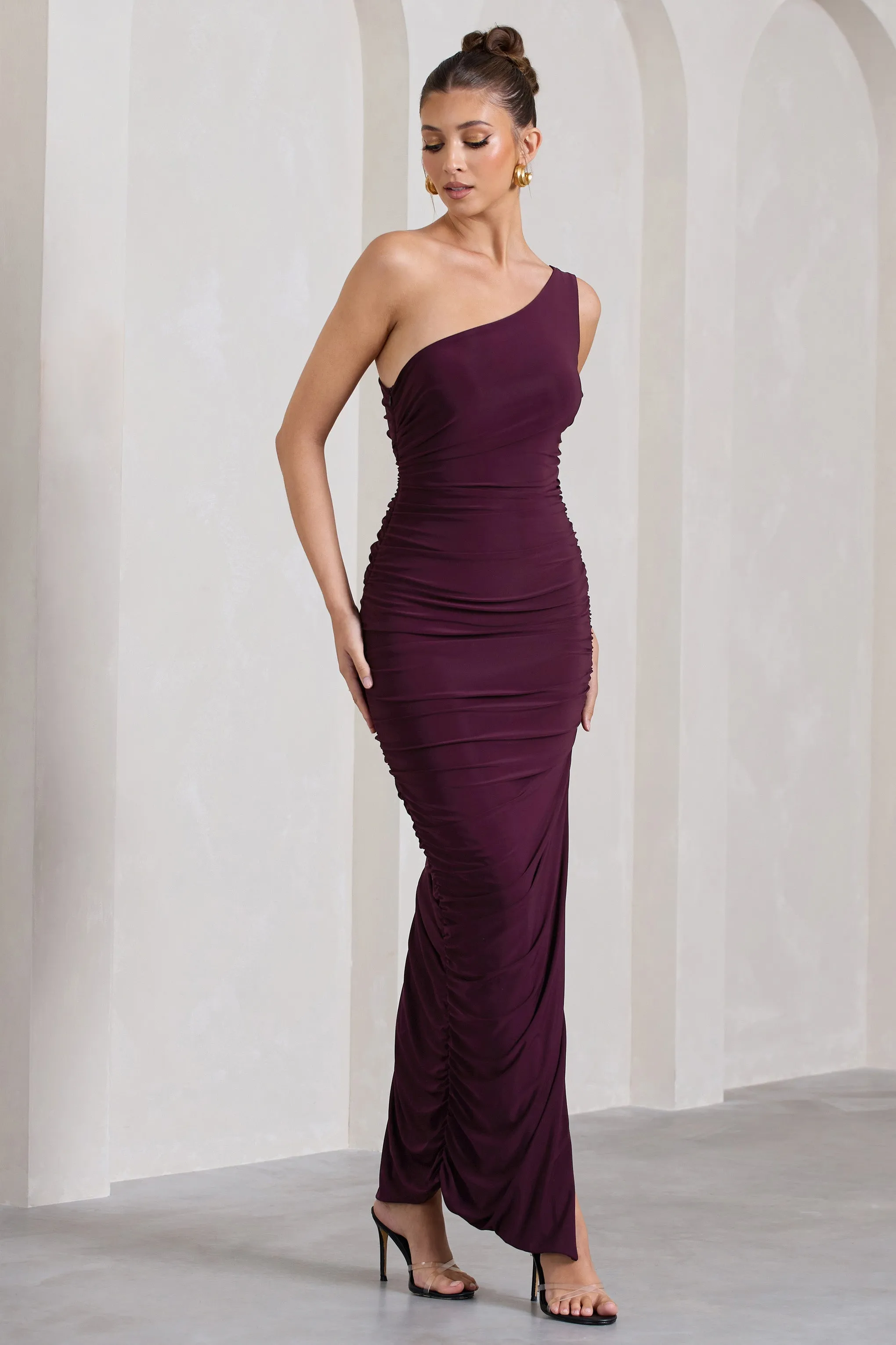 Persia | Plum One Shoulder Side Split Ruched Maxi Dress