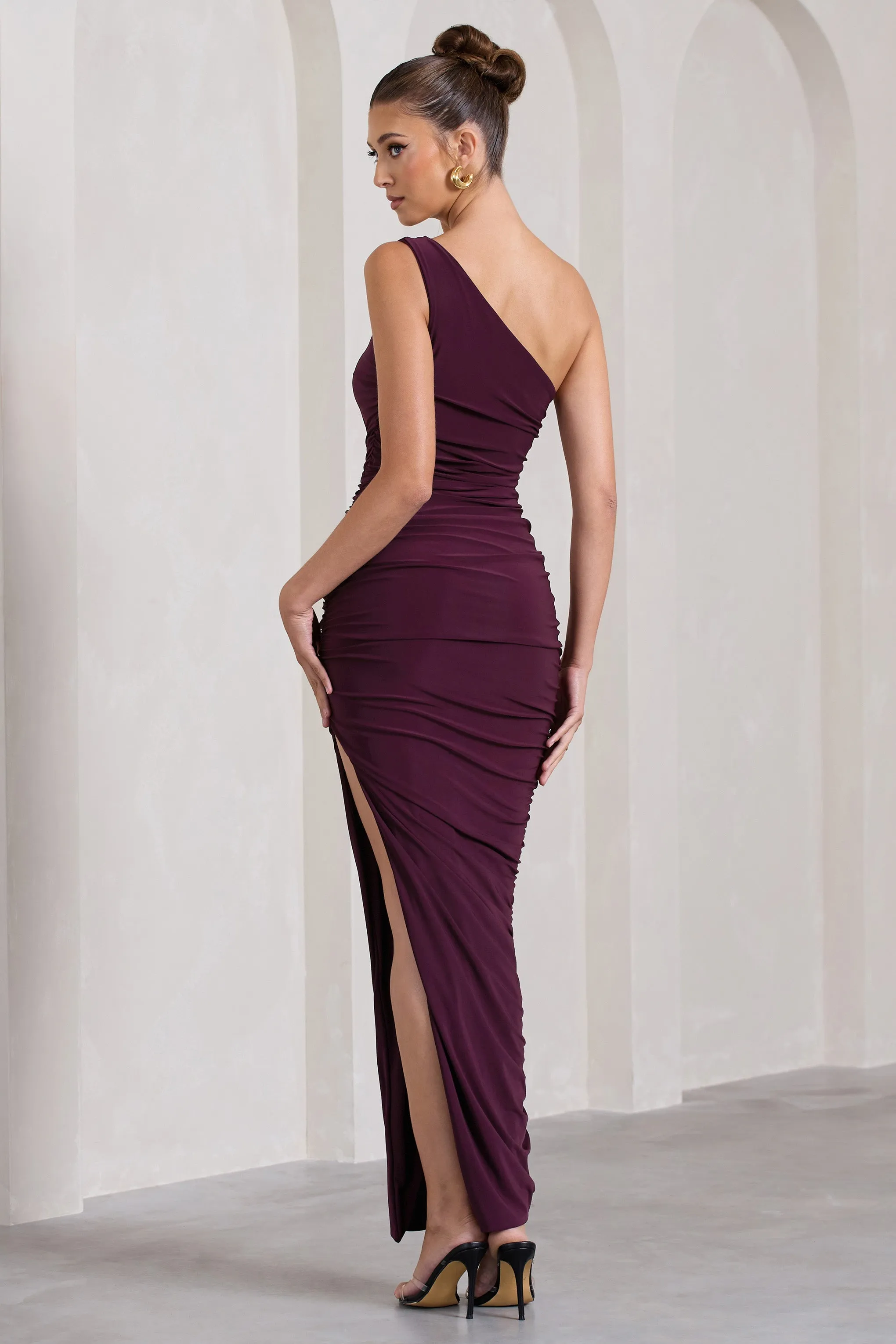 Persia | Plum One Shoulder Side Split Ruched Maxi Dress