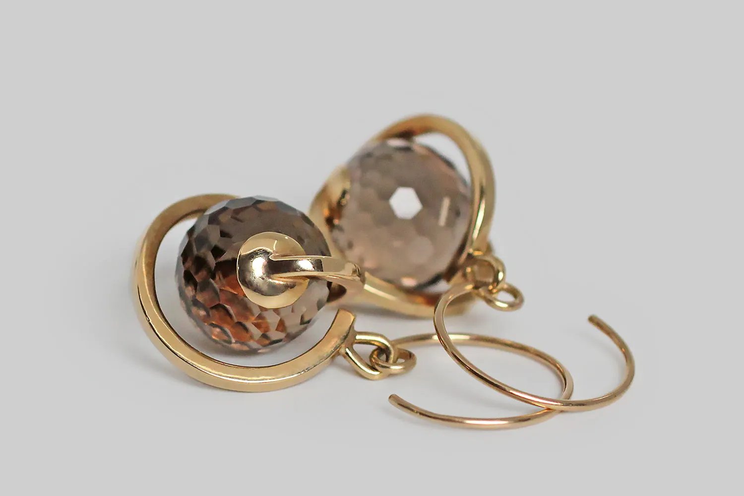 Vintage Orrery Earrings with Faceted Smokey Quartz Spheres in 14k Gold