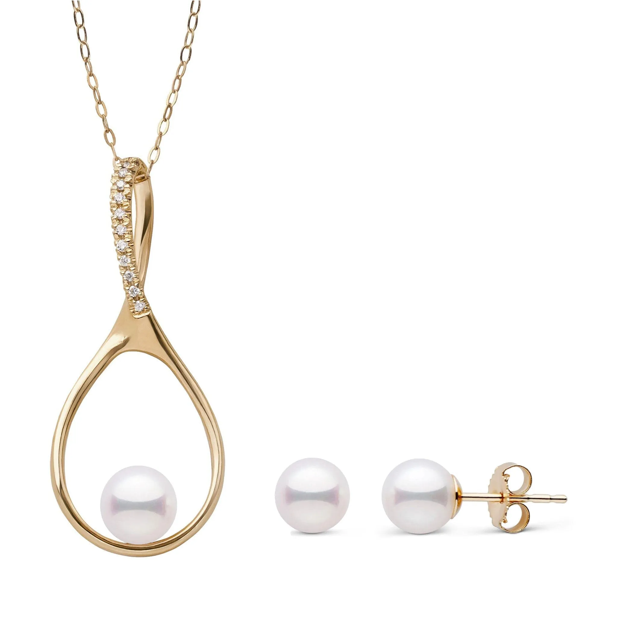 Wishbone Collection 6.0-6.5 mm Akoya Pearl and Diamond Pendant and Stud Earrings Set